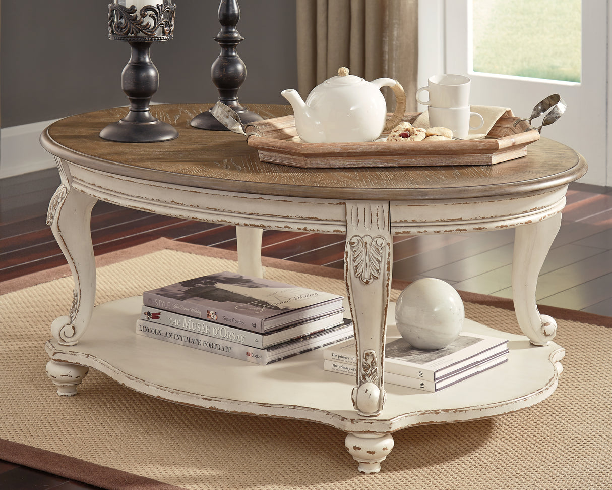 Mega Furniture - Ashley Furniture - Realyn Coffee Table - Oval Cocktail Table / White/Brown - T743-0