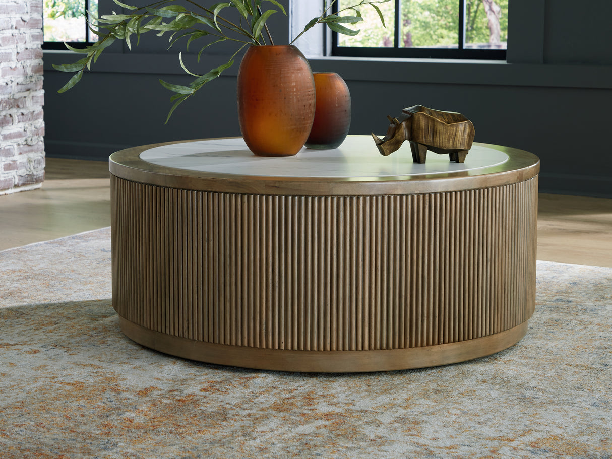 Mega Furniture - Ashley Furniture - Camdill Coffee Table - Round Cocktail Table / Light Brown/White - T808-8
