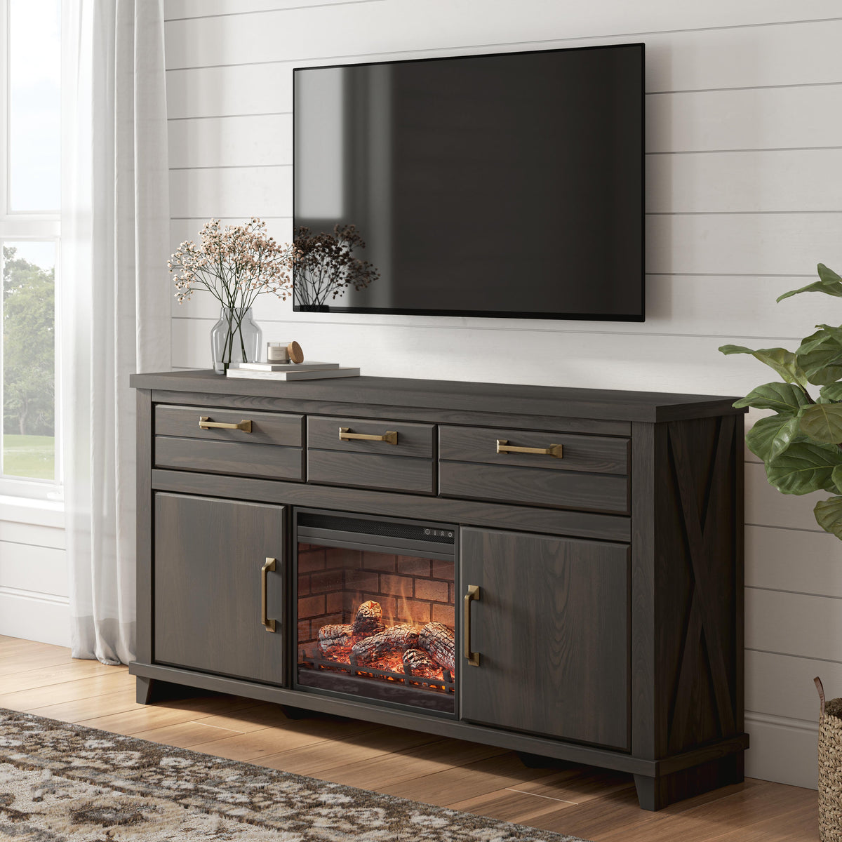 Mega Furniture - Ashley Furniture - Brazen Valley 71" TV Stand with Electric Fireplace - 71" TV Stand with Electric Fireplace - W2648W2