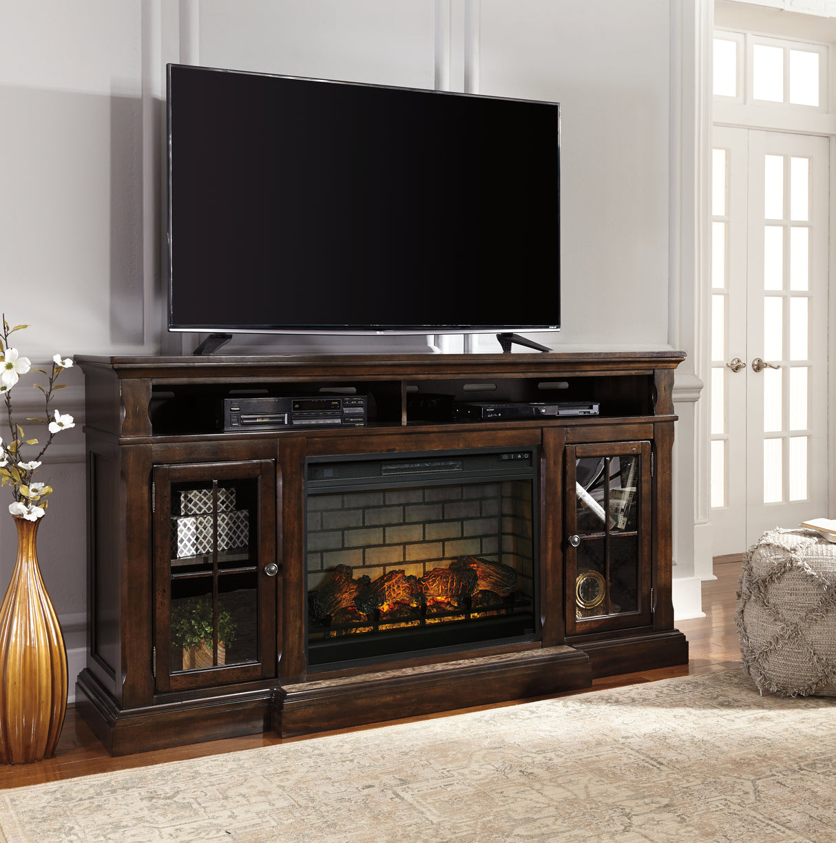 Mega Furniture - Ashley Furniture - Roddinton 72" TV Stand with Electric Fireplace - 72" TV Stand with Electric Fireplace / Dark Brown - W701W8