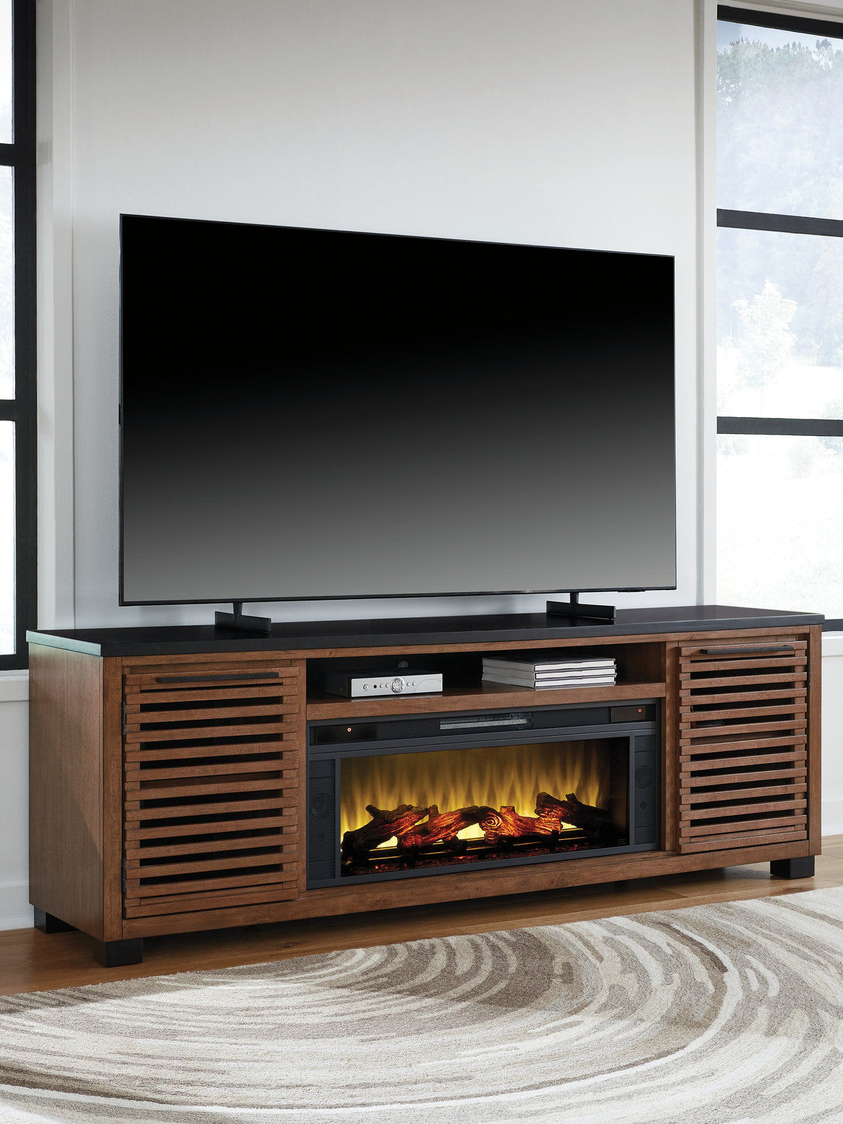 Mega Furniture - Ashley Furniture - Kallari 84" TV Stand with Electric Fireplace - 84" TV Stand with Electric Fireplace / Warm Brown/Black - W737W1