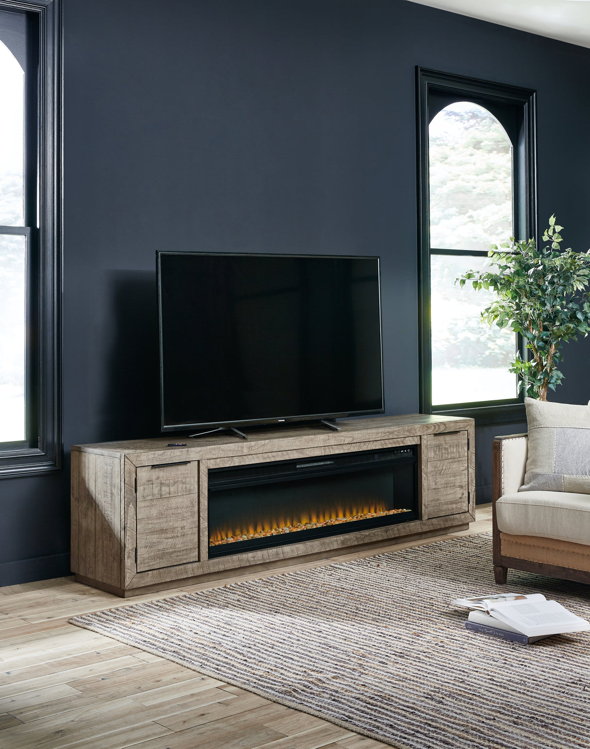 Mega Furniture - Ashley Furniture - Krystanza TV Stand with Electric Fireplace - TV Stand with Electric Fireplace / Weathered Gray - W760W1