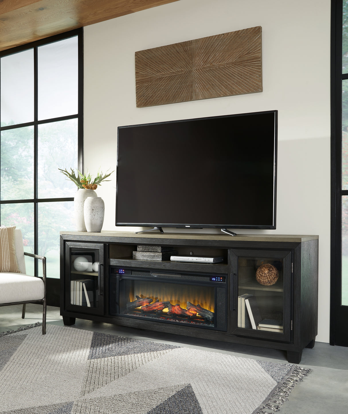 Mega Furniture - Ashley Furniture - Foyland 83" TV Stand with Electric Fireplace - 83" TV Stand with Electric Fireplace / Black/Brown - W989W1