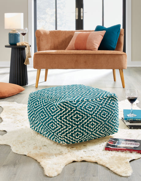 Mega Furniture - Ashley Furniture - Brynnsen Pouf - Pouf / Teal/Ivory - A1001055