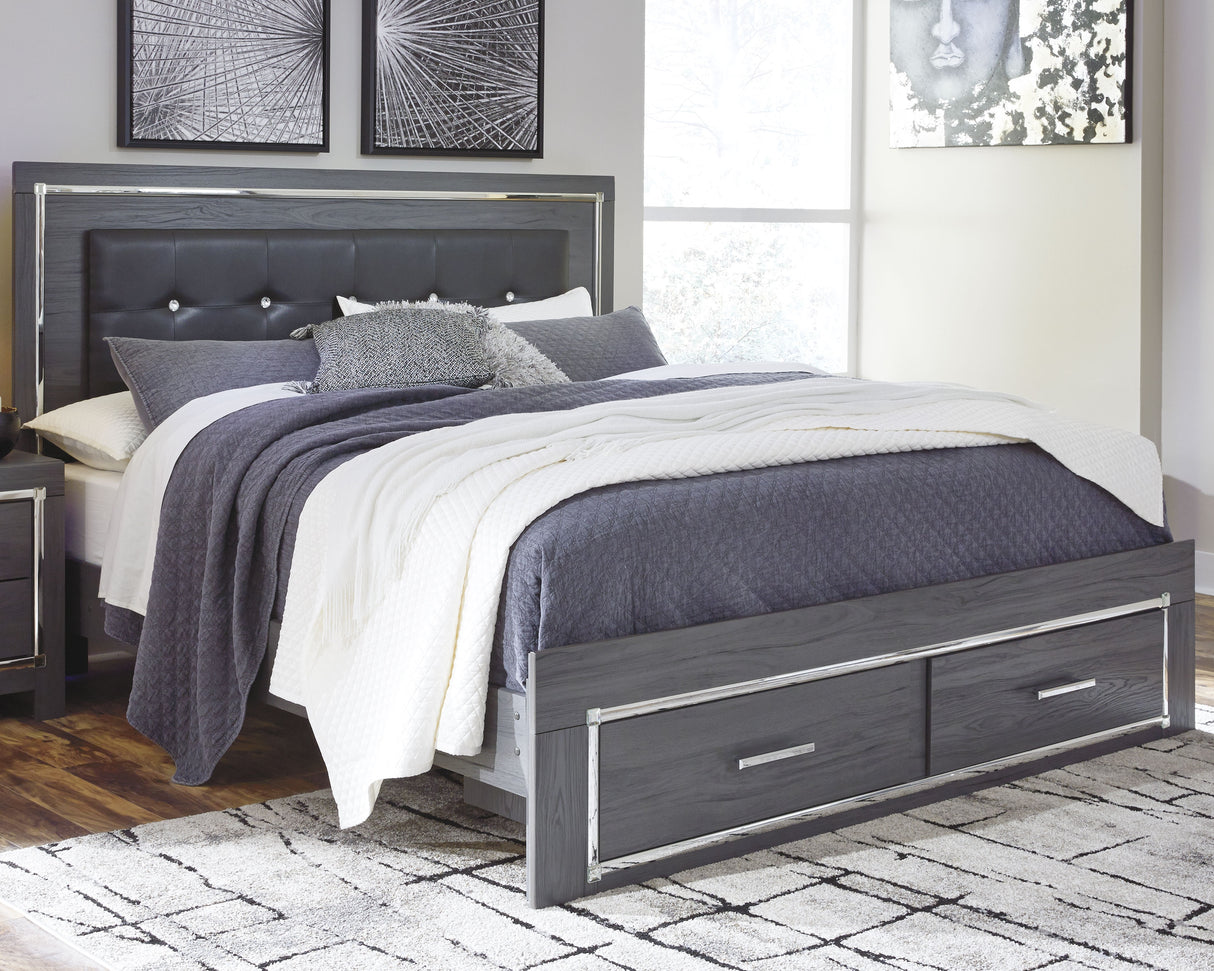 Mega Furniture - Ashley Furniture - Lodanna Bedroom - King Panel Bed with 2 Storage Drawers / Gray - B214B11