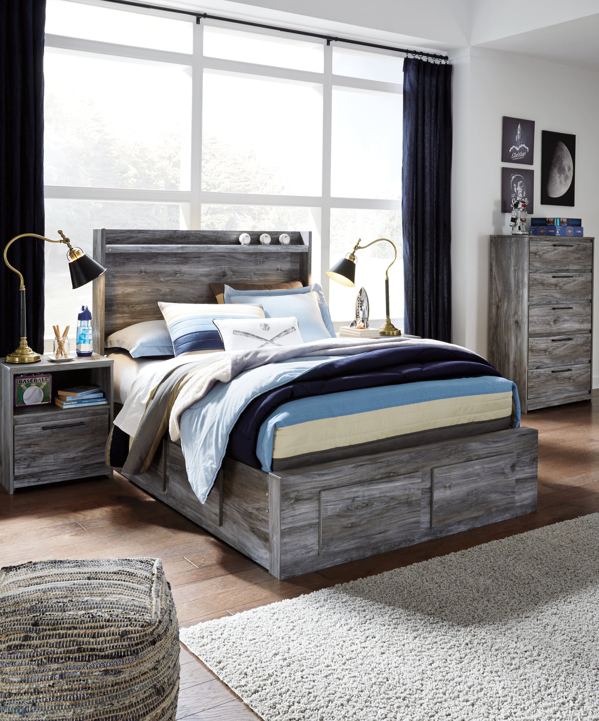Mega Furniture - Ashley Furniture - Baystorm Bedroom - Full Panel Bed with 6 Storage Drawers / Gray - B221B27