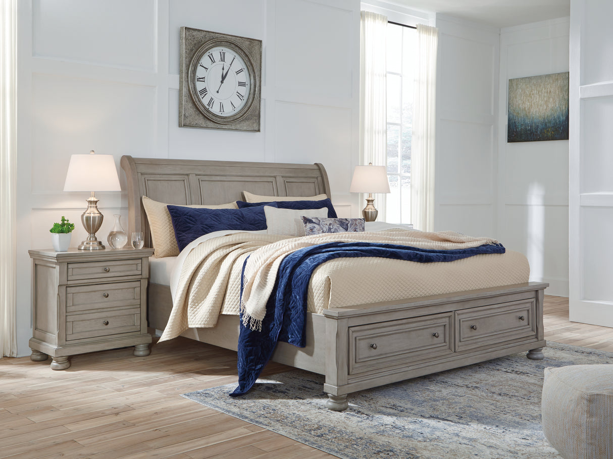 Mega Furniture - Ashley Furniture - Lettner Bedroom - King Sleigh Bed with 2 Storage Drawers / Light Gray - B733B8