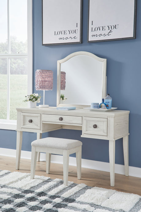 Mega Furniture - Ashley Furniture - Robbinsdale Mirrored Vanity with Bench - Mirrored Vanity with Bench / Antique White - B742B11
