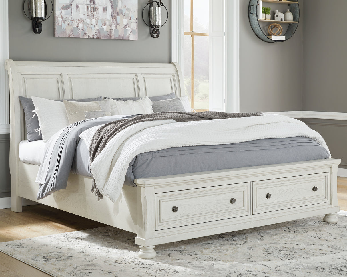 Mega Furniture - Ashley Furniture - Robbinsdale Bedroom - King Sleigh Bed with Storage / Antique White - B742B8