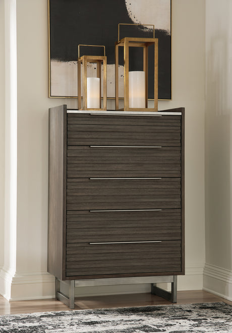 Mega Furniture - Ashley Furniture - Arkenton Bedroom - Five Drawer Chest / Grayish Brown/White - B786-46