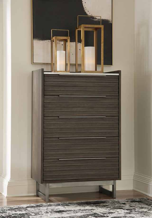 Mega Furniture - Ashley Furniture - Arkenton Bedroom - Five Drawer Chest / Grayish Brown/White - B786-46
