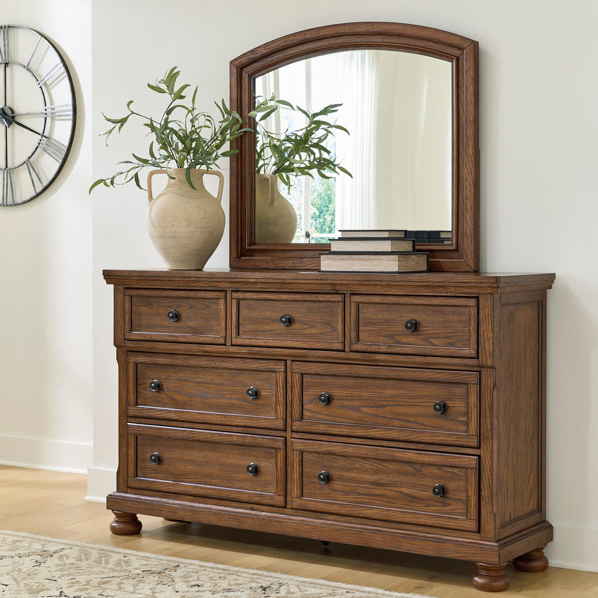Mega Furniture - Ashley Furniture - Zackaryn Bedroom - Dresser and Mirror / Warm Brown - PCB807B1