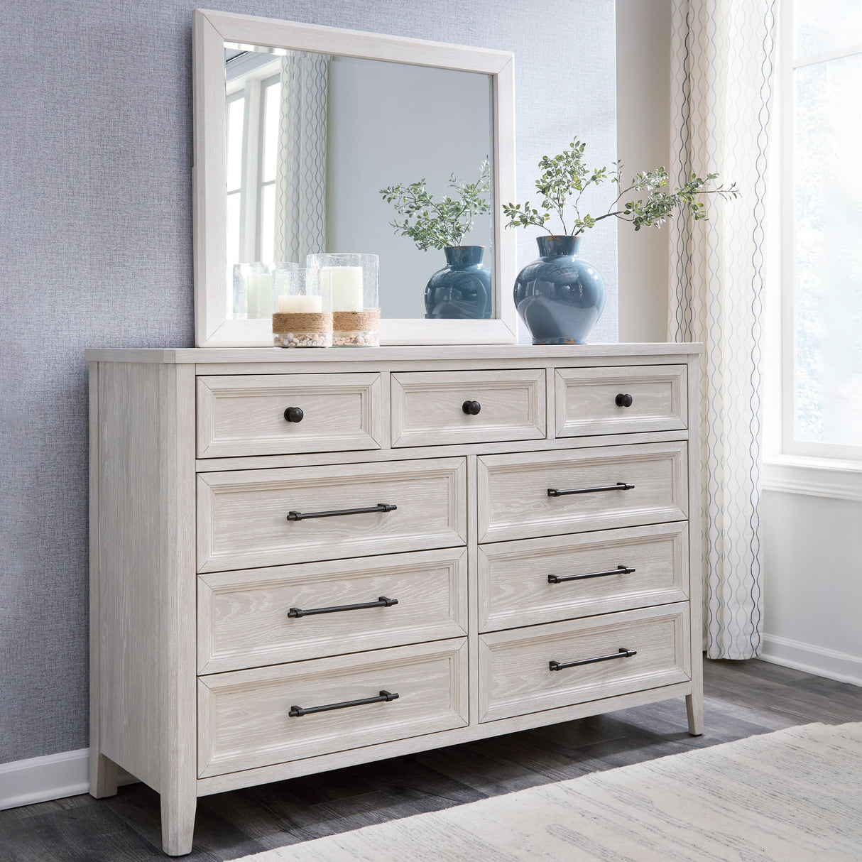 Mega Furniture - Ashley Furniture - Darbonton Bedroom - Dresser and Mirror / Dove White - PCB853B1