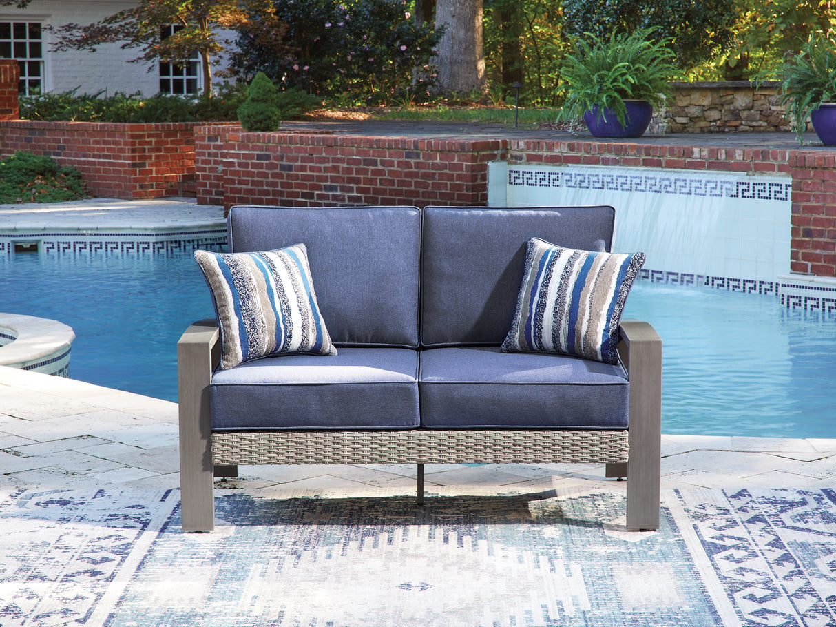 Mega Furniture - Ashley Furniture - Half Moon Beach Outdoor - Loveseat w/Cushion / Blue/Gray - PCP418-835
