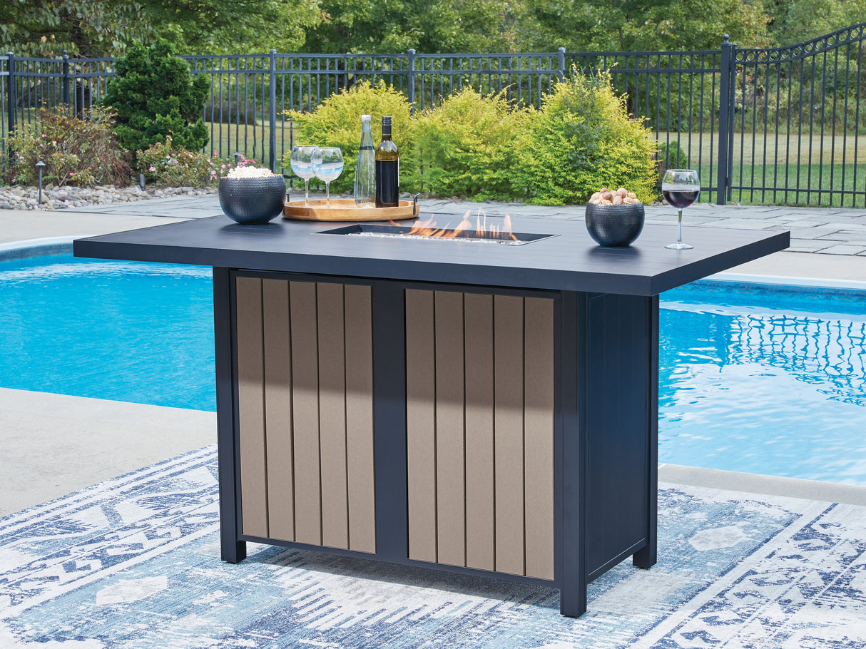 Mega Furniture - Ashley Furniture - East Beach Outdoor - RECT Bar Table w/Fire Pit / Navy Blue/Driftwood - PCP587-665