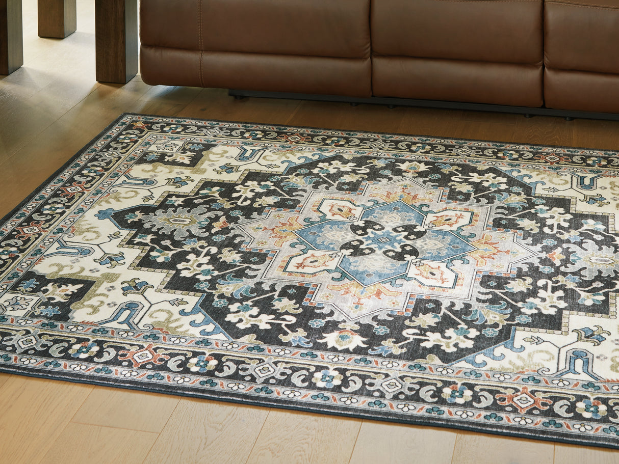 Mega Furniture - Ashley Furniture - Leningston Rug - 5' x 7' Washable Rug / Black/Cream/Blue - R407062