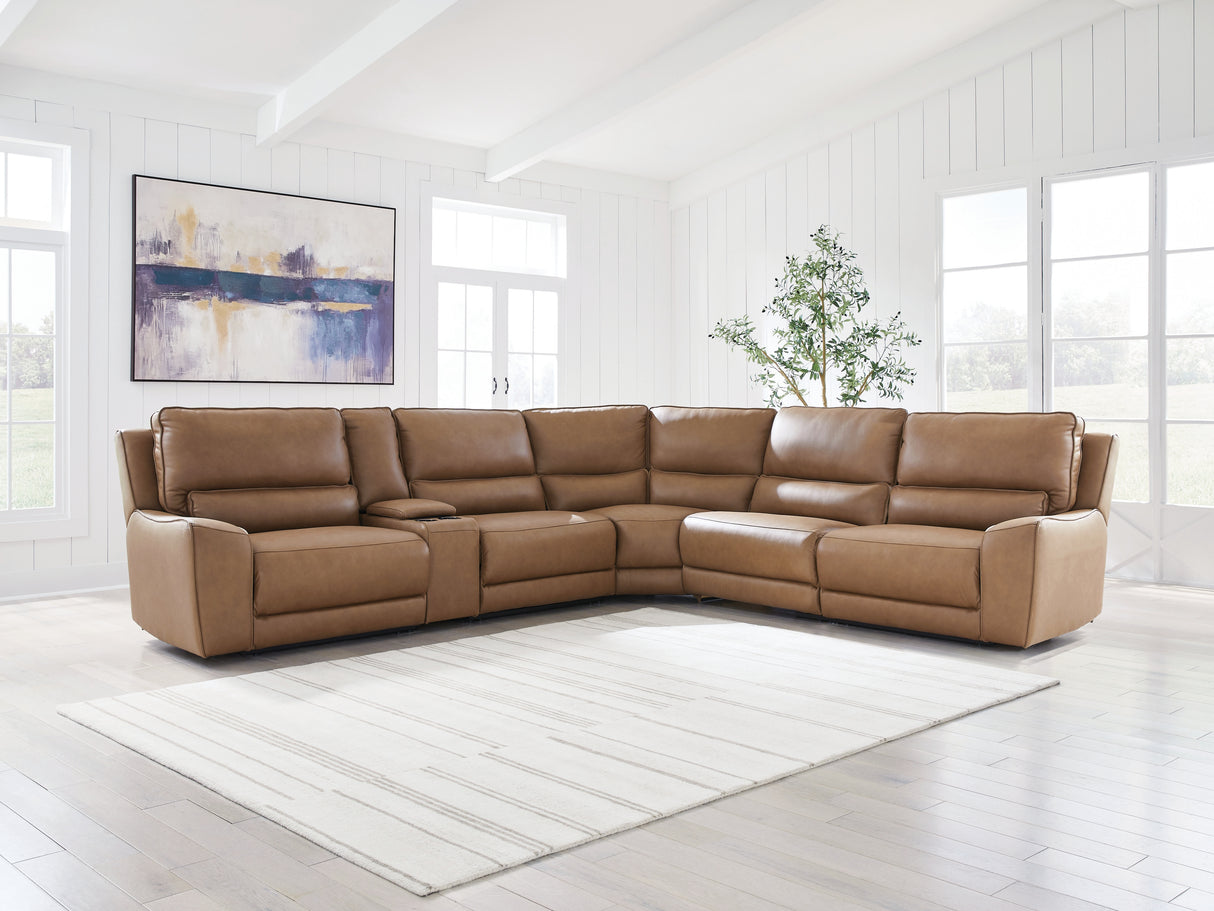 Mega Furniture - Ashley Furniture - DeepWakes Sectional - 6-Piece Reclining Sectional with Storage Console / Caramel - PCU62606S36