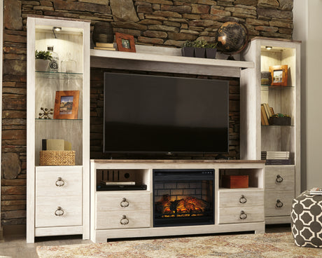 Mega Furniture - Ashley Furniture - Willowton 4-Piece Entertainment Center with Electric Fireplace - 4-Piece Entertainment Center with Electric Fireplace / Whitewash - W267W9